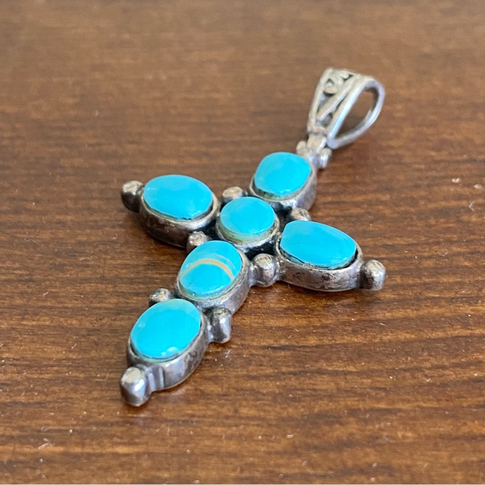 Sterling Silver Turquoise Cross Pendant Vintage Southwest Boho Artist Signed - Picture 10 of 12
